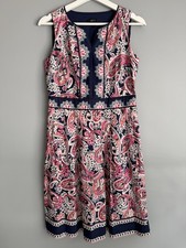 Talbots Petite 4P Paisley Dress Navy Pink Sleeveless Cotton Fit & Flare Summer