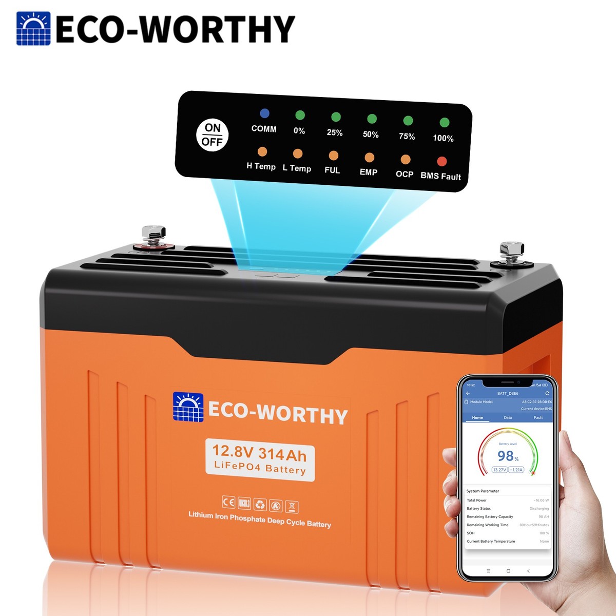 ECO-WORTHY 4019Wh 12V 314AH LiFePO4 Lithium Battery With SOC