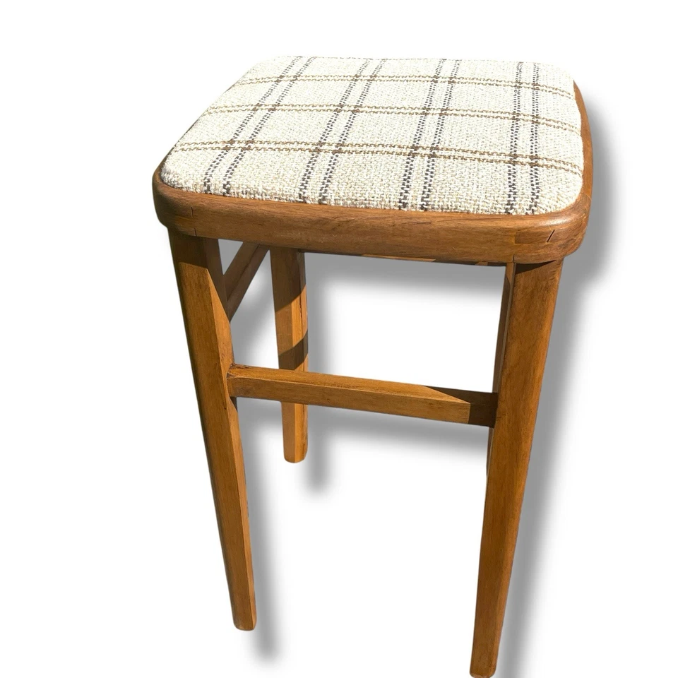 Single Vintage Retro Solid Wooden Mid Century Modern Fabric Kitchen Stool Seat - Image 2 of 4