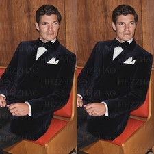 Black Velvet Men's Suits Peak Lapel Elegant Wedding Groom Tuxedo British Style