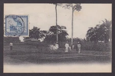 Postcard, BELGIAN CONGO, African village, Men on the field