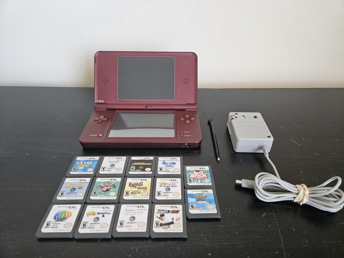 Nintendo DSi XL DS Console Wine Red Burgundy Tested With 14 Games