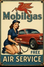 Retro Style Mobil Mobilgas Gasoline Pin Up Free Air  12 Inches Sign Quality Sign