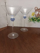 Martini Glasses Set of 2 Clear Moddled Blue Ball 8" Ta 5" W Hand Blown Glass