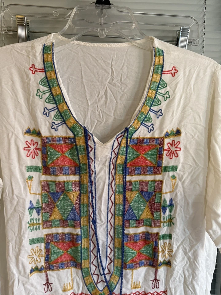 Vintage 70s Kerdasa Kaftan Egypt Hand Embroidered Tassels Long Ivory Stunning - Image 2 of 4