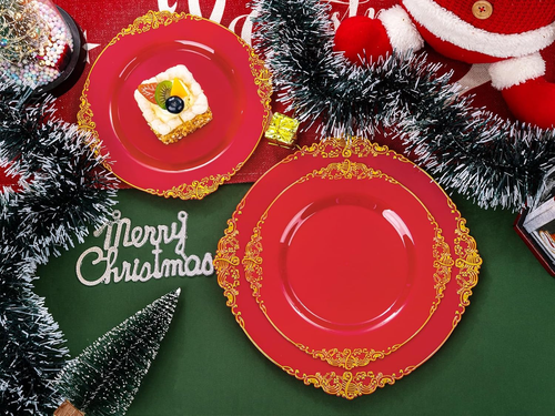 102PCS Red & Gold Christmas Plates Disposable Dinner & Dessert Plates for Partie - Picture 9 of 12