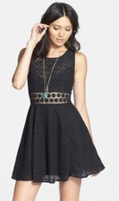 FREE PEOPLE Daisy Lace Fit & Flare Skater Dress Sz 2 Black Open Weave Lined $128