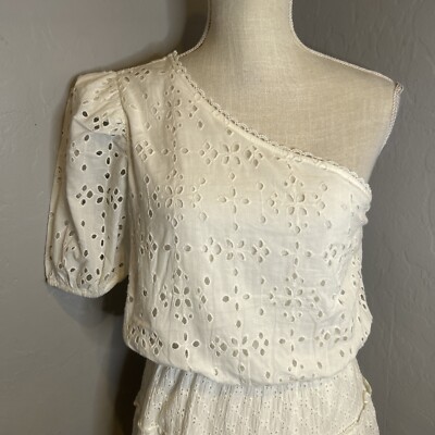 hemant and nandita one shoulder eyelet dress HEMANT AND NANDITA White Eyelet One Shoulder Tiered Mini Skirt Dress Size 6