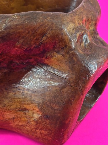 Hand Carved BURL WOOD BOWL Knotted Root Centerpiece 4" Tall 7" Wide See Cracks - Picture 12 of 13