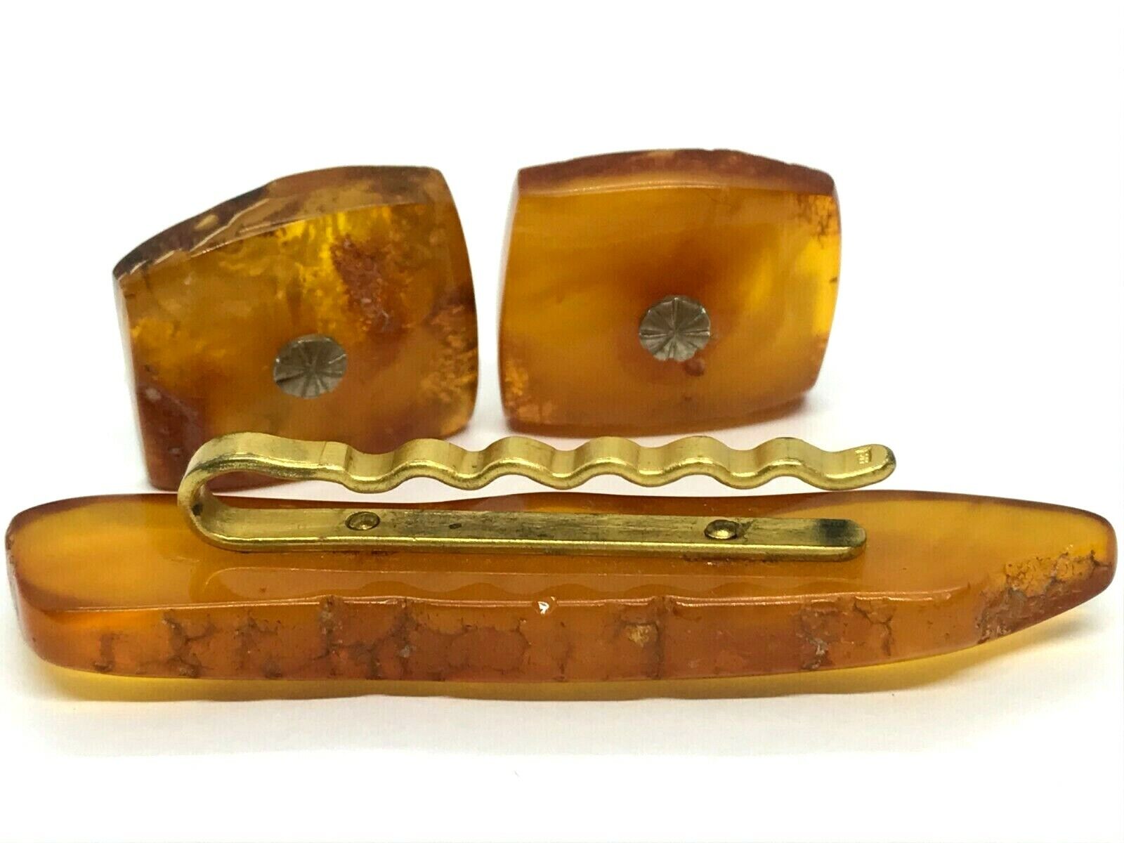 Old AMBER Tie Clip Cufflinks Unique Honey Vintage… - image 9