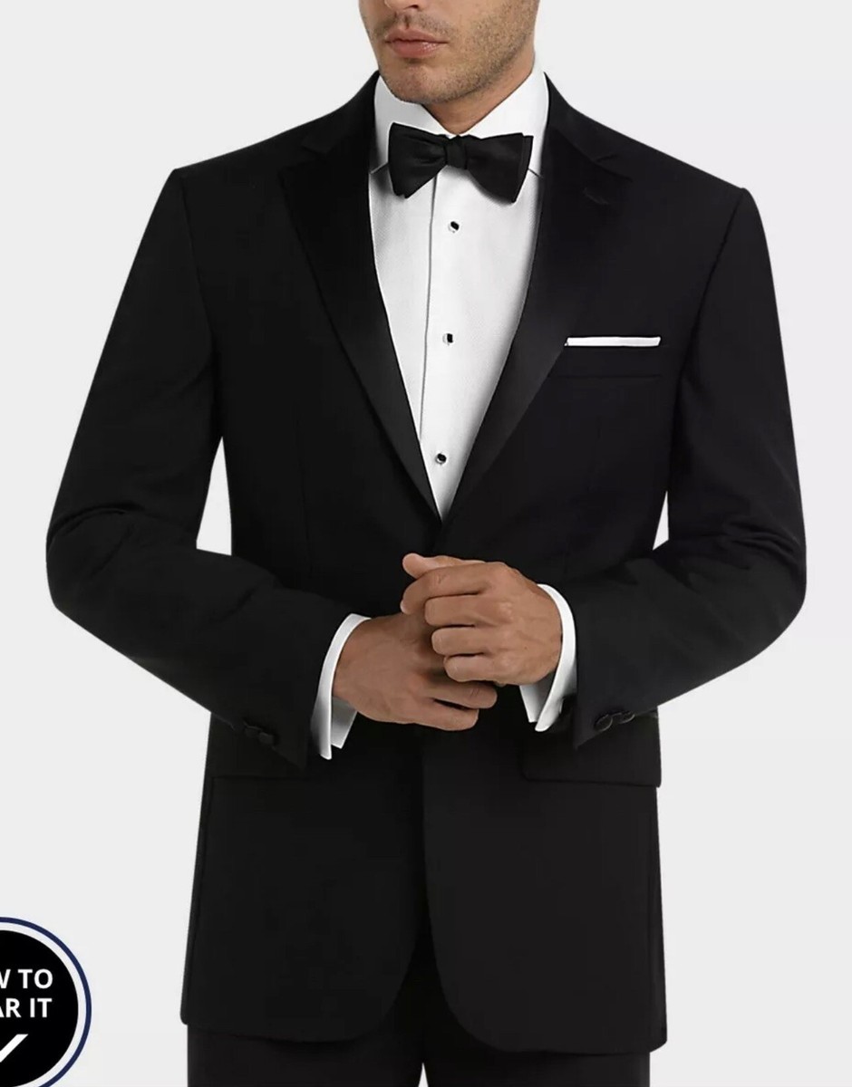 Pronto Uomo Mens Black Tuxedo Jacket Shirt Bow Tie Cummerbund EUC Size 44 S