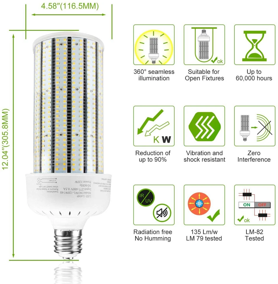 6000K LED Corn Light E39 120W Commercial Garage Warehouse Lamp Fixture Bulb 480V - Image 3 of 4