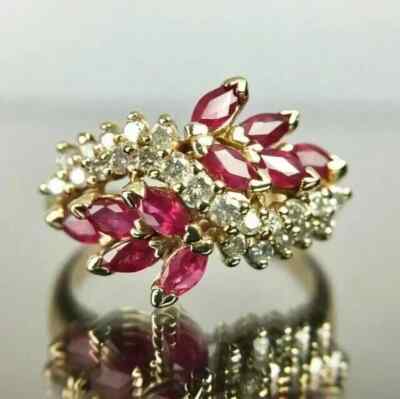 Simulated Pink Ruby & Diamond Anniversary Cluster Ring 14K Yellow Gold Finish