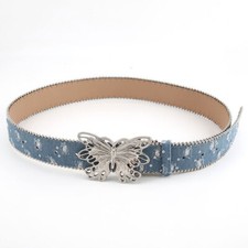 Women Denim Ripped Belt Girdle Waistband Sequin Beaded Butterfly Buckle Blue