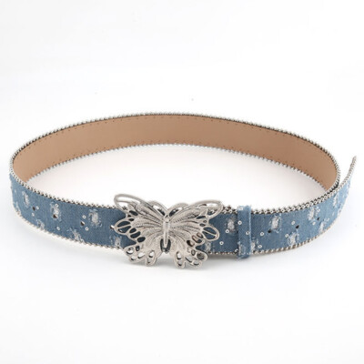 Women Denim Ripped Belt Girdle Waistband Sequin Beaded Butterfly