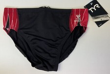 NWT Men  s TYR Durafast Phoenix Slice Racer Swim Briefs Black  Red Size 30