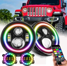 7'' RGB Chase Halo LED Headlights Fog Lights Combo Kit for Jeep Wrangler JK JKU