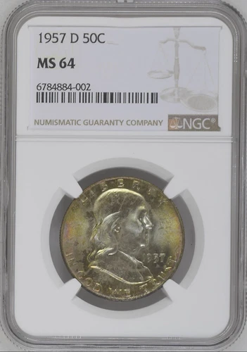 1957 D Franklin Half Dollar NGC MS64 *RAINBOW TONED* BX3-20