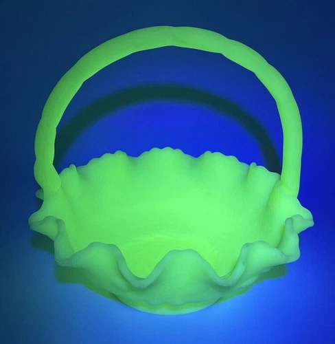 Fenton Satin PERSIAN MEDALLION #8238- Uranium Glass UV Glow Handled Basket
