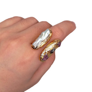 Authentic Cultured Biwa Pearl Natural Tourmaline Rough Gold Plated Ring Adjustable