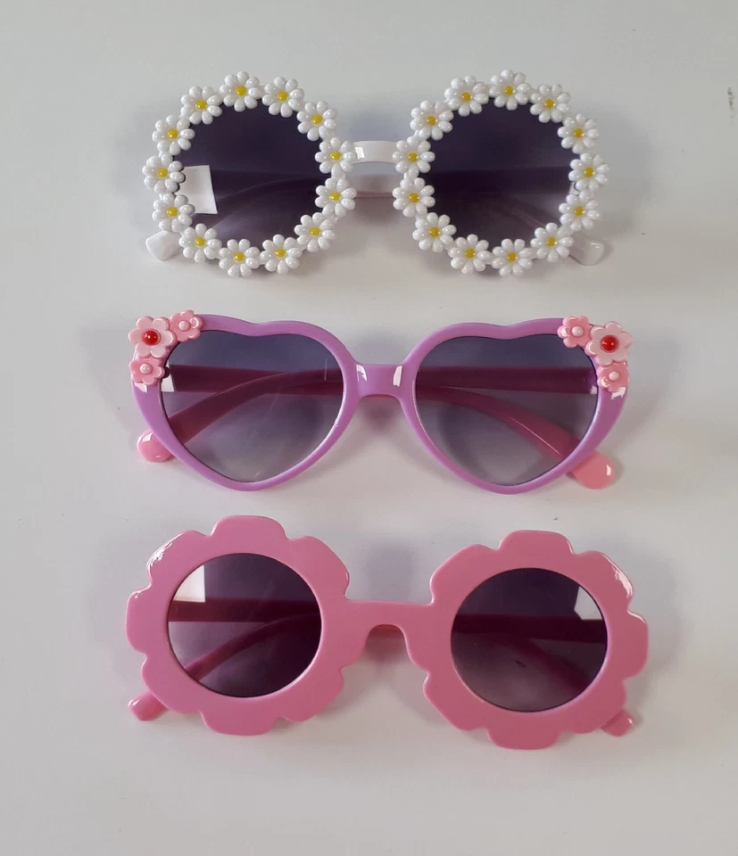 3 Paire Lunettes de soleil pour filles Cœur Fleurs, Blanc Rose, Violet /EBSO - Photo 1/1