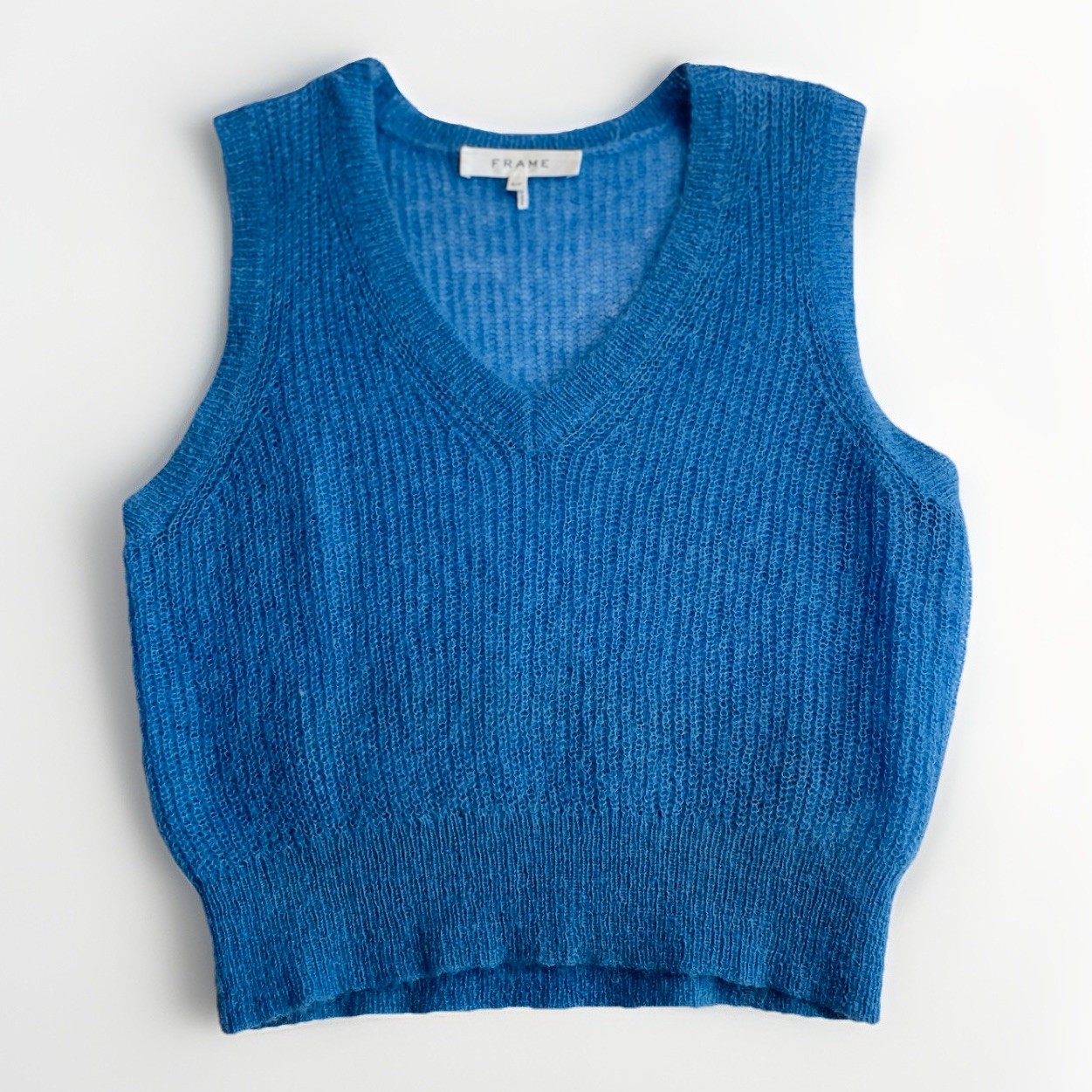 FRAME Sweater Top Small Shrunken Mohair Vest Blue Cropped Knit V-Neck Orig $255