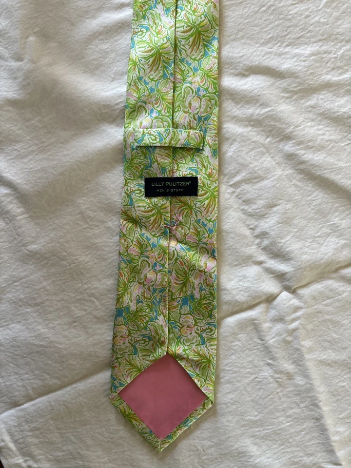 CORBATA HOMBRE LILLY PULITZER Estampado Botánico Verde y Azul 100% Seda Hecha en EE. UU. Foto 4 de 4