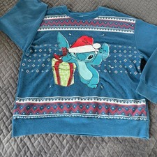 Disney Stitch "Light Up"Christmas Sweatshirt Blue Fair Isle Holiday Kids M 7-9