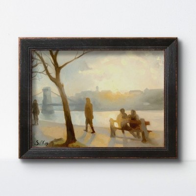 Original Oil Painting 9x12 Canvas Riverside Budapest Atmospheric Expressionism
