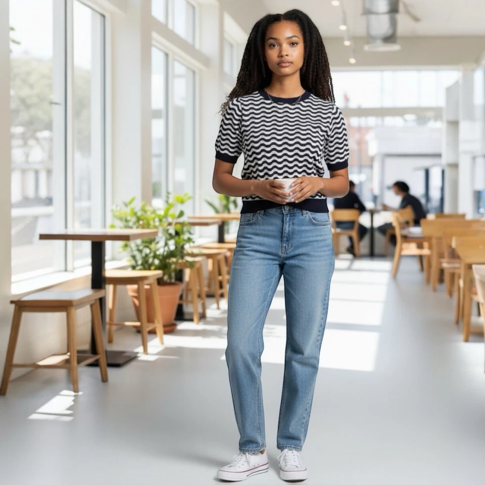 CREW CLOTHING T-Shirt Womens Knit Short Sleeves Ladies Striped Scallop Size 8 UK - Image 2 of 4