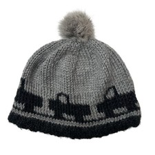 Kids Gray Black Knit Real Fur Pom Pom Hat with Truck Pattern Winter Warm Beanie