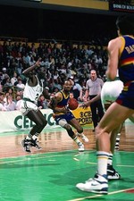 Michael Adams Denver Nuggets drives to the basket v Boston Celtics- Old Photo