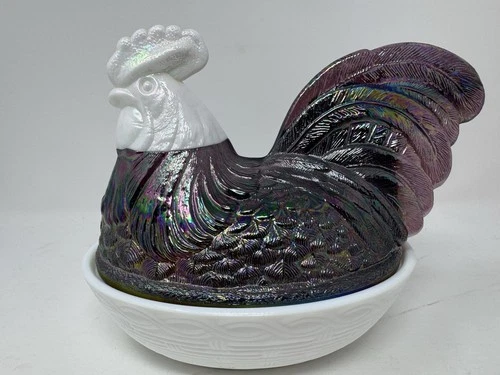 New ListingVintage Fenton Hen on Nest - Rare Iridescent Purple  Glass W/ White Head