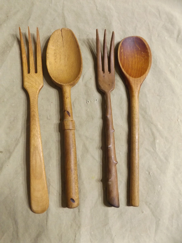Vintage Antique Country Kitchen Wood Utensils Mixing Spoons Salad Forks 