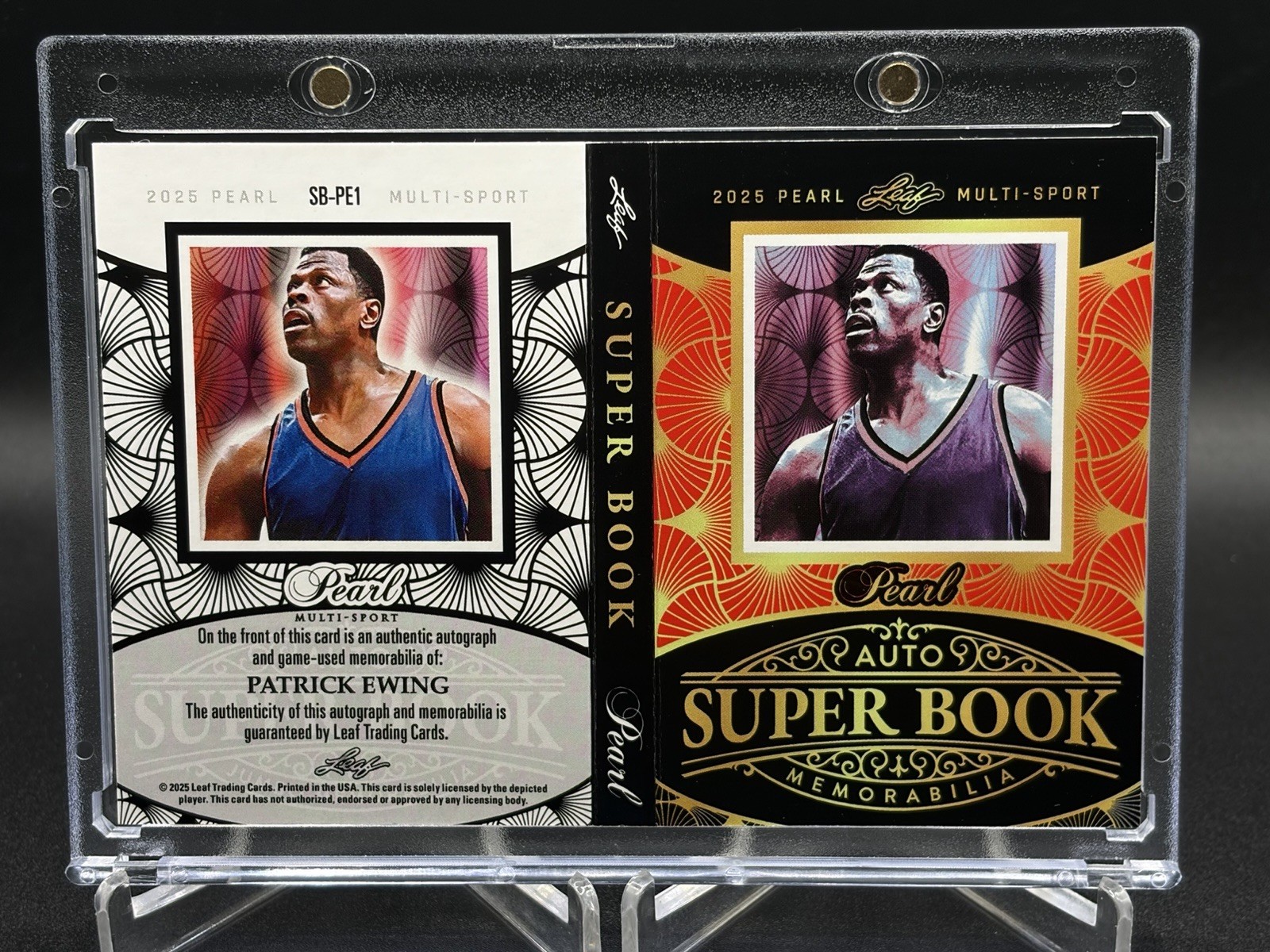 Patrick Ewing 1/1 Auto Leaf Pearl GAME USED Jersey KNICKS Logo Patch Book view 2