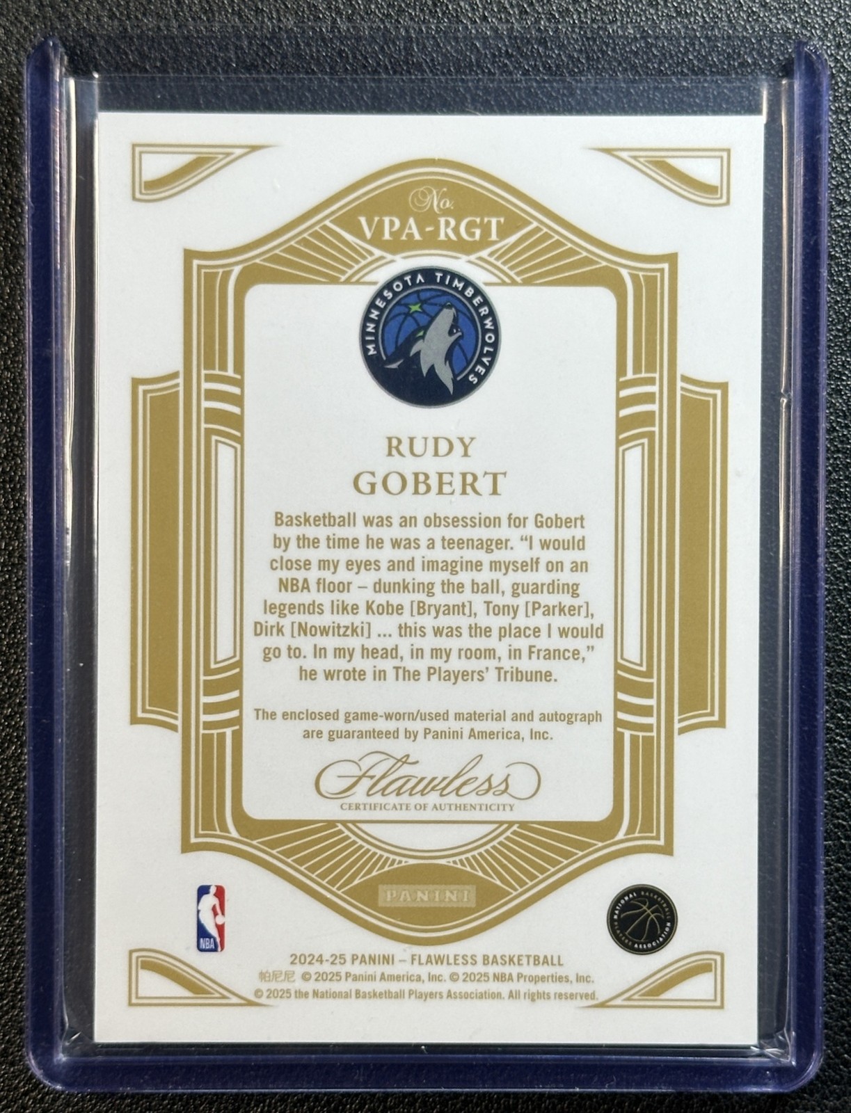 RUDY GOBERT 2024-25 PANINI FLAWLESS VERTICAL GAME-USED PATCH AUTO GOLD 8/10 view 2