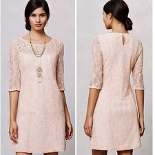 Anthropologie Maeve Lefkara Lace Dress Blush Pink 3/4 Sleeve Pockets Size M