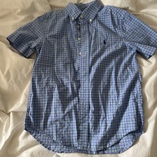 POLO RALPH LAUREN Crisp SS DRESS SHIRT Sm 8 BOYS BUTTON DOWN Blue Plaid Euc