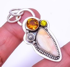 Crazy Lace Agate & Golden Quartz Gemstone 925 Sterling Silver Pendant 1.95" A33