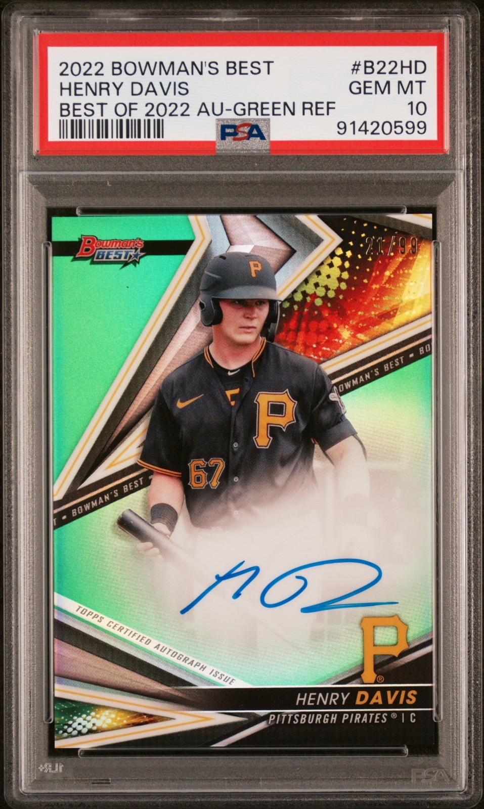 2022 Bowman's Best Henry Davis Green Refractor AUTO /99 Pitt Pirates PSA 10 🔥