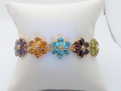Gemstone Bracelet Multicolor Jewelry Rainbow Multistone Flower 10k Size 7.2 B178 - Picture 9 of 10