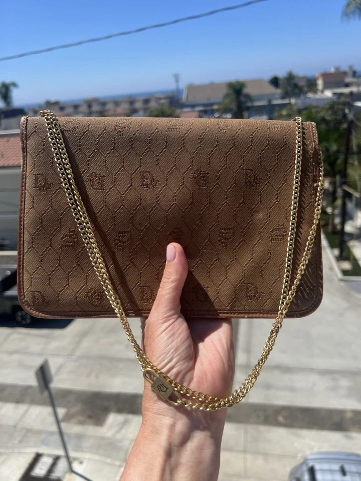 复古 70 年代 Christian Dior 米黄色 Monogram 帆布皮革单肩包金色链条 — 第 4/4 张图片