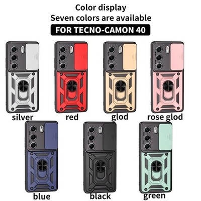 For Tecno Camon 40 Hybrid Armor Slide Lens Camera Ring Holder Stand Cover Case
