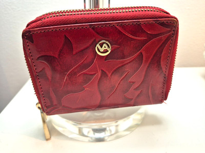 VALENTINA Red Leather Clutch Wallet Italy Embossed Tulip Leaf Pattern Zip Bag