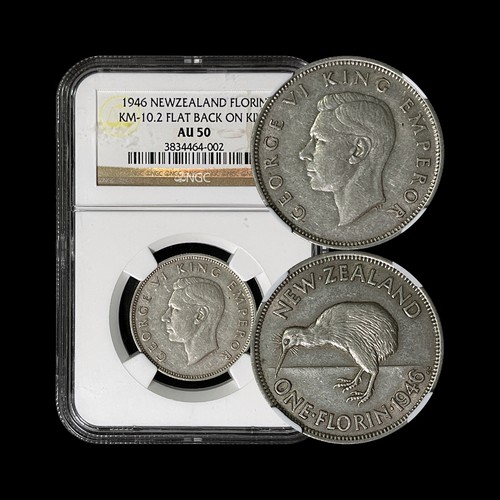 NEW ZEALAND. 1946, Florin, Silver - NGC AU50 - KGVI, Kiwi, Flat-Back, RARE - 第 6/6 張圖片