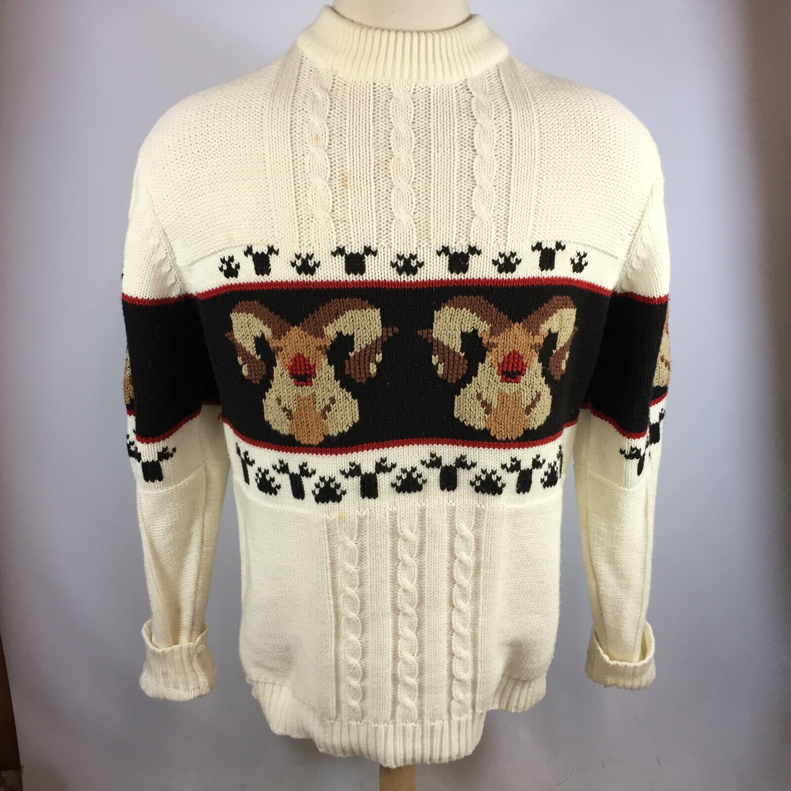 Vintage 60s 70s Cowichan Ram Animal Cable Knit Sweater Shirt Jacket Jumper  XXLT