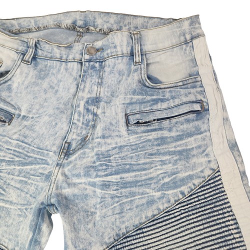Blue Stone Wash Striped Moto Destroyed Denim Shorts Mens Size 38 Zip Pockets - Picture 6 of 12