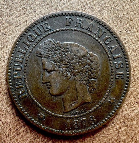 France 1878 5 Centimes Bronze KM#822.1 Rare Low Mtg. Coin - Picture 3 of 4
