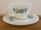 Vintage Fire King Tea Cup & Saucer BONNIE BLUE CARNATION CORN FLOWER Oven Ware