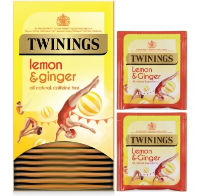 Twinings Zitronen- & Ingwer-Teebeutel einzeln umschlagt mit Etikett gesunde Beutel 